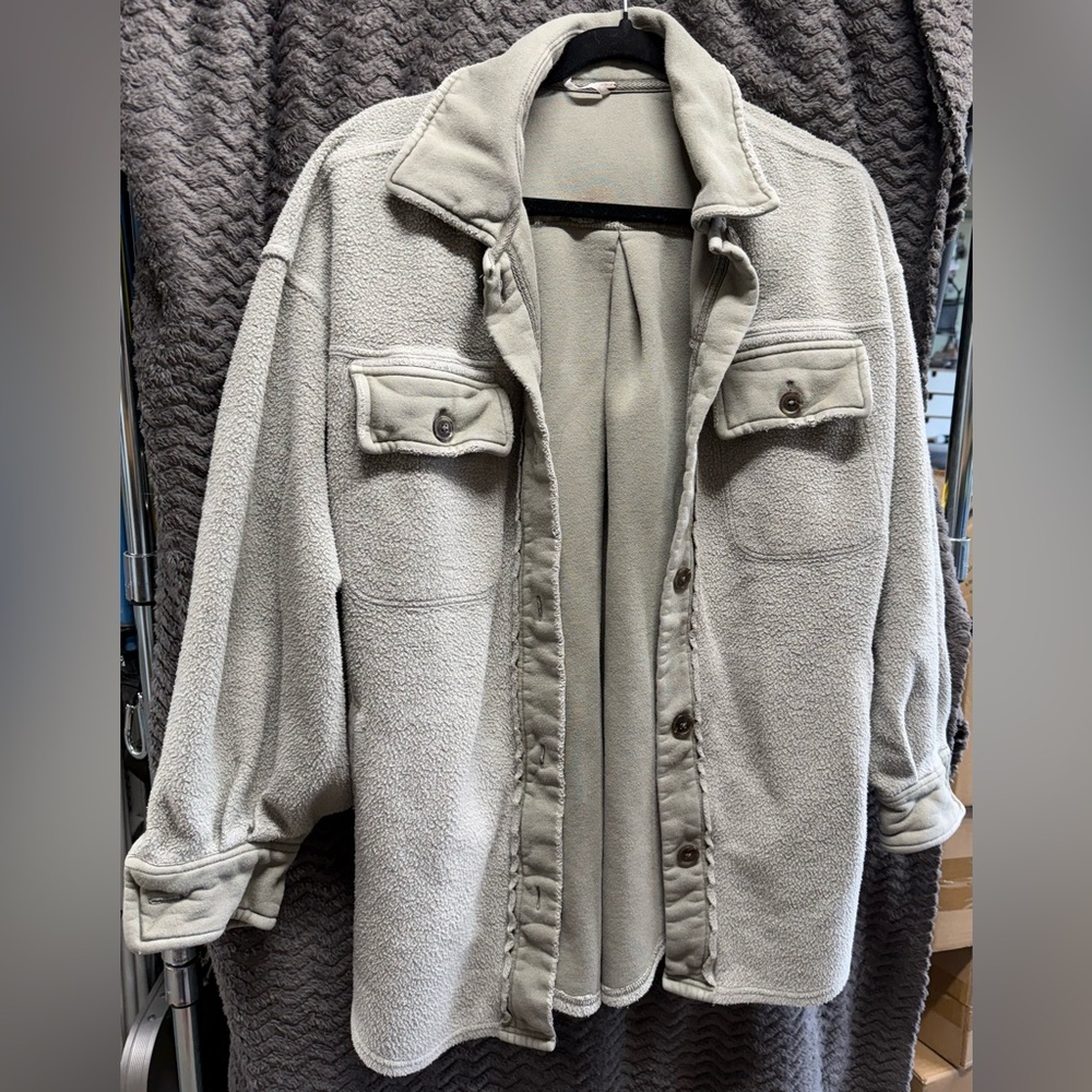 Free People Cozy Gray Button-Up Fleece Shacket